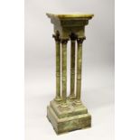 A VERY GOOD LATE 19TH CENTURY ONYX AND ORMOLU PEDESTAL, the square top supported on an arcadian