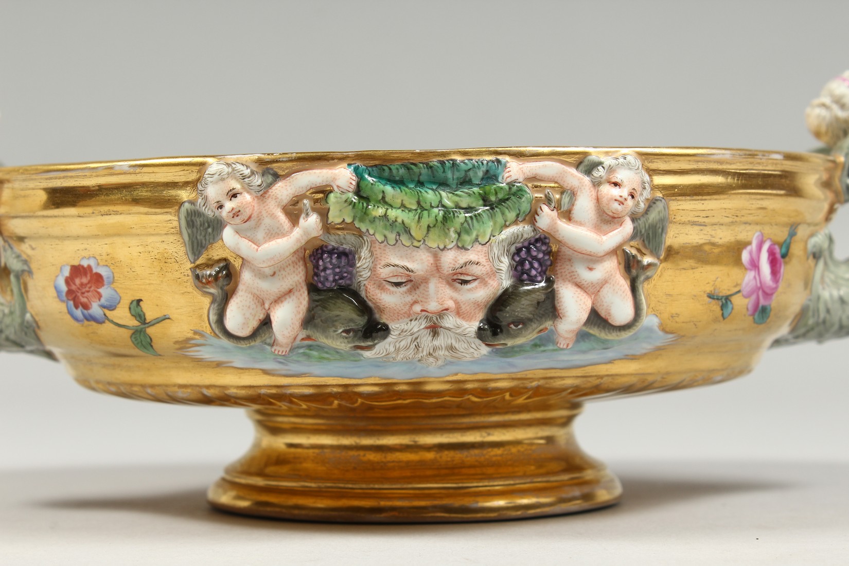 A GOOD BERLIN GILT GROUND OVAL BOWL with mermaid handles, masks and flowers. 8.5ins long - Image 5 of 8