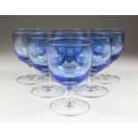 A BOX OF 6 WILLIAM YEOWARD CLEAR BLUE WINE GLASSES.