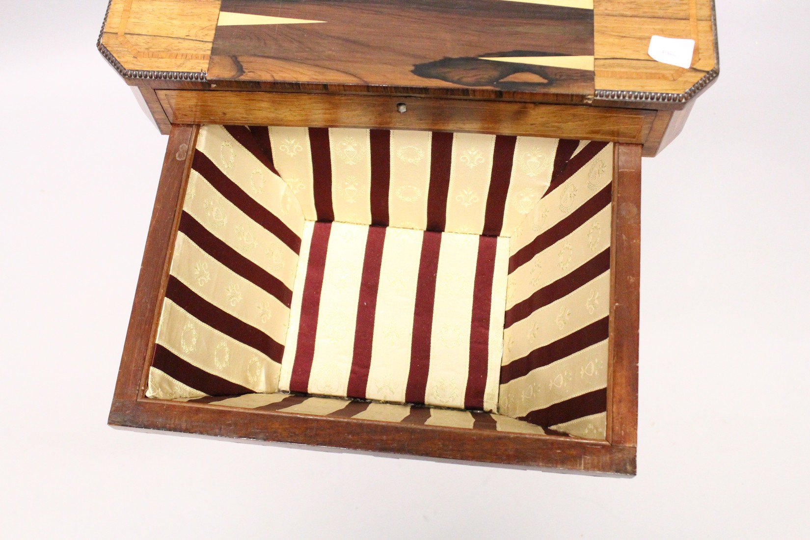 A REGENCY ROSEWOOD SEWING TABLE, with reversible Backgammon top , sliding drawer and sewing bag on - Image 9 of 9