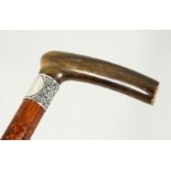 A VICTORIAN RHINO HANDLE AND TIP WALKING STICK with silver band 36ins long