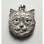 A HEAVY SOLID SILVER CAT FACES PERFUME BOTTLE 2.5ins high