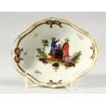 A VIENNA PORCELAIN OVAL DISH with blue and gilt ribbon and man drinking ale. Blue beehive mark