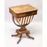 A REGENCY ROSEWOOD SEWING TABLE, with reversible Backgammon top , sliding drawer and sewing bag on