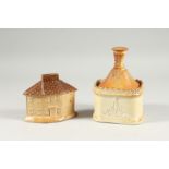 A SALTGLAZE TOBACCO POT, COVER AND LID. 6.5ins high and a Cotac money box (2) 4.5ins high.