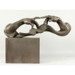 AN ABSTRACT BRONZE AFTER MICHAELANGELO'S CREATION OF ADAM, on a rectangular base.