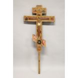 A LARGE 18th / 19th CENTURY RUSSIAN ORTHODOX PAINTED WOODEN DOUBLE SIDED THREE BAR CROSS. 4ft 9ins