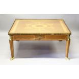 A LOUIS XVITH SQUARE TOP COFFEE TABLE, with inlaid topand brass grill on Egyptian brass legs with