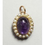 A CARBOUCHON AMETHYST AND PEARL PENDANT