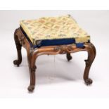 A GOOD VICTORIAN UPHOLSTERED STOOL, with well carved rosewood frame on cabriole legs. 1ft 11ins wide
