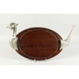 A PHEASANT CARVING WOODEN DISH with plated head and feathers. 19ins long.