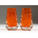 A PAIR OF WHITEFRIARS ORANGE COFFIN VASES 5ins high.