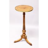 A GOOD 19TH CENTURY FRENCH CIRCULAR TOP TRIPOD TABLE, with cross hatch top, fluted column, ormalu