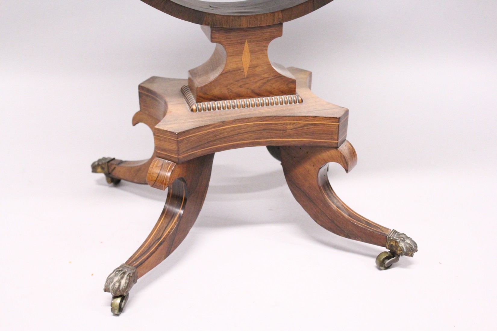 A REGENCY ROSEWOOD SEWING TABLE, with reversible Backgammon top , sliding drawer and sewing bag on - Image 8 of 9