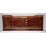 A SUPERB WALNUT INLAID SIDEBOARD AND SIDE PIECES BY DAVID LINLEY, fitted with a drawer and panel