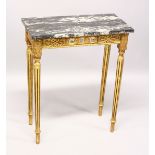 A SMALL GILDED SIDE TABLE, with marble top porcelain panels on turned tapering legs. 2ft long