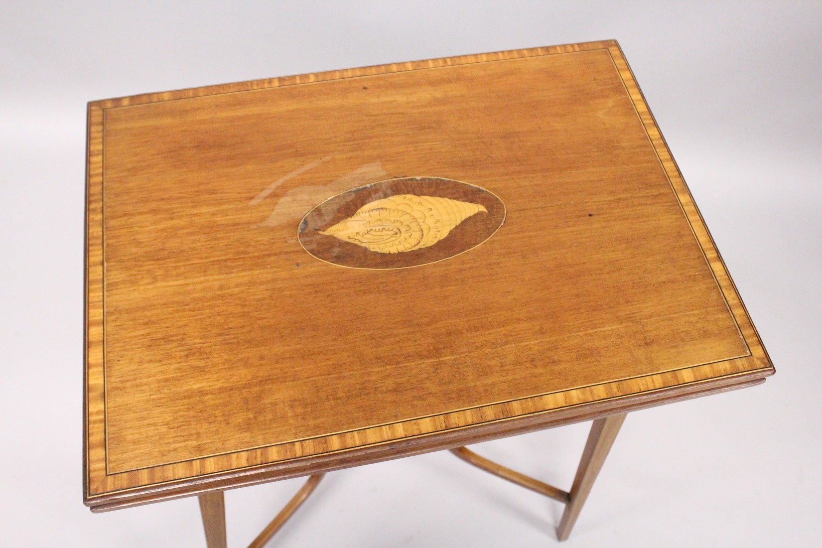 AN EDWARDIAN MAHOGANY FOLDING TOP TEA TABLE, on tapering legs with under tier. 1ft 9ins long. - Image 2 of 5