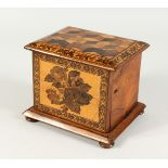 A GOOD TUNBRIDGE WARE MINIATURE CHEST with single door opening to reveal three drawers on bun