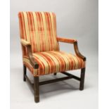 A GOOD GEORGE III DESIGN, MAHOGANY, OPEN ARMCHAIR, upholstered in a Regency stripe fabric.