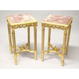 A PAIR OF FRENCH STYLE GILTWOOD AND MARBLE SQUARE SHAPE OCCASIONAL TABLES. 2ft 7ins high x 1ft