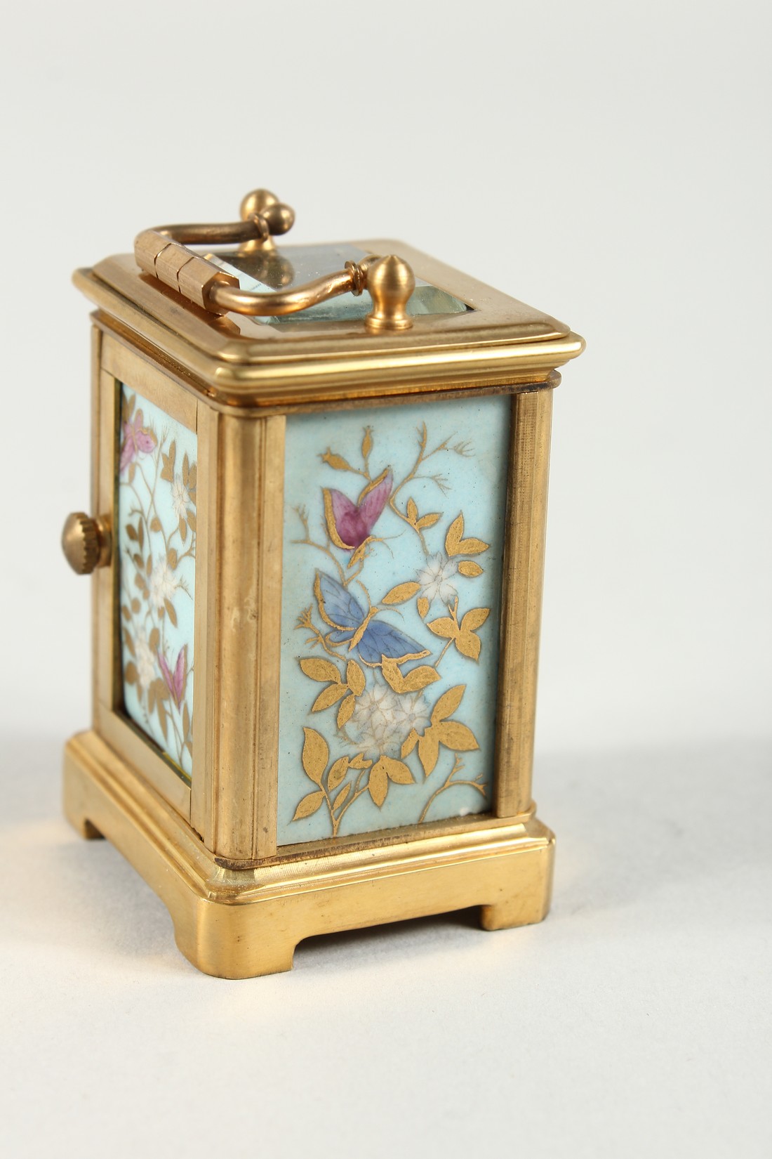 A MINIATURE SEVRES CARRIAGE CLOCK with flora porcelain panels. 2.25ins high. - Image 4 of 7