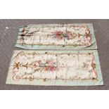 A SUPERB PAIR OF AUBUSSON FABRIC WALL HANGINGS. 8ft x 3ft 10ins.