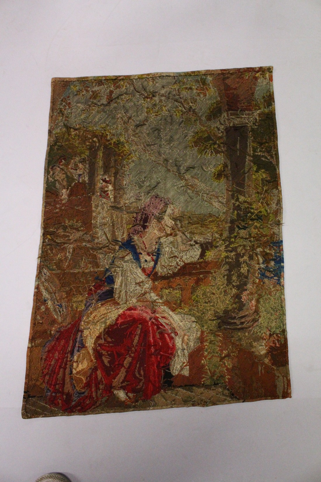 AN EARLY NEEDLEWORK FABRIC, lady seated beside an open window 2ft 2ins x 1ft 7ins. - Image 2 of 2