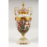 A SUPERB LARGE CAPODIMONTE TWO HANDLED URN SHAPE VASE AND COVER with gilt ground, with classical