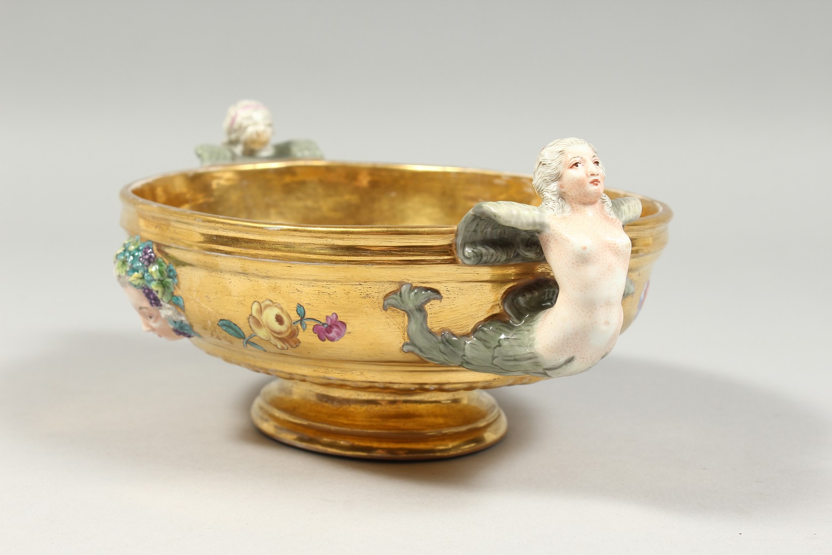 A GOOD BERLIN GILT GROUND OVAL BOWL with mermaid handles, masks and flowers. 8.5ins long - Image 3 of 8
