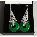 A PAIR OF SILVER JADE DECO STYLE DROP EARRINGS