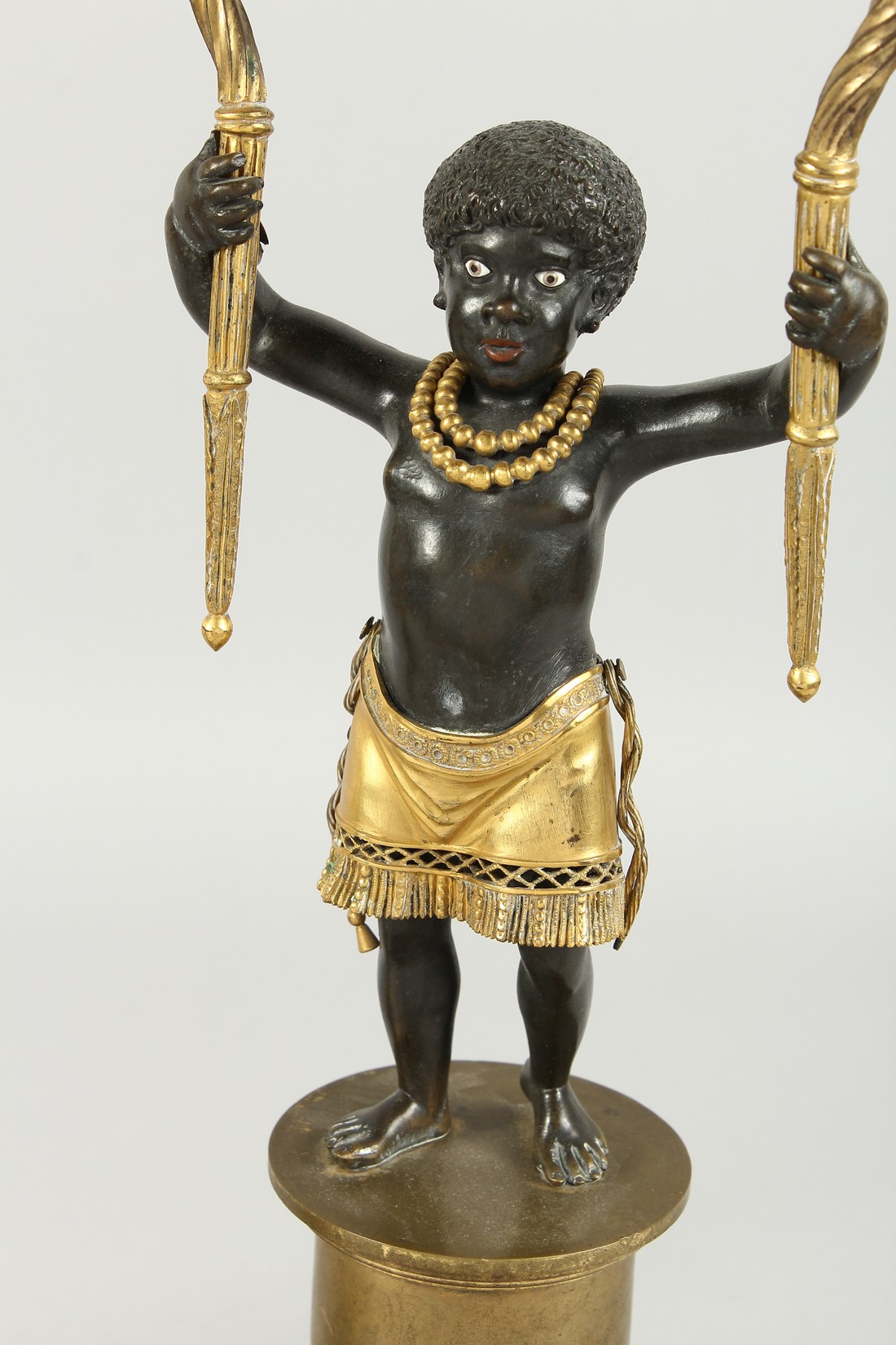 A SUPERB PAIR OF EMPIRE BRONZE AND GILT BRONZE TWO BRANCH CANDLESTICKS of nubian children holding - Image 5 of 9