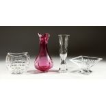 A PINK WATERFORD VASE, 9ins high. A SQUARE VASE AND TALL VASE, 9ins high and bowl 4.5ins long. (4).