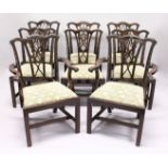 A GOOD SET OF EIGHT GEORGE III DESIGN MAHOGANY DINING CHAIRS, two with arms, all with well carved