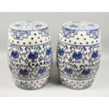 A PAIR OF CHINESE BLUE AND WHITE GARDEN SEATS. 17ins high.