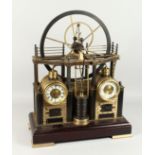 A GOOD INDUSTRIAL BRONZE STEAM ENGINE CLOCK with two dials, clock and barometer, with large wheel