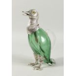 A GOOD GLASS DUCK CLARET JUG with plated head and feet 10ins high.