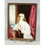A GOOD CONTINENTAL OVAL PORCELAIN PLAQUE, young girl at a lecturn. 8 x 6ins.