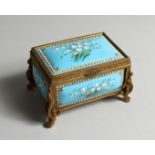 A GOOD SMALL FRENCH BLUE ENAMEL CASKET painted with hairbells with gilt frame 4ins wide.