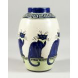 AN ART DECO DESIGN VASE with blue cats and key pattern. 12ins high.