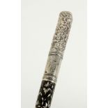 A GOOD INDIAN MOTHER OF PEARL INLAID WALKING CANE with silver handle. 31ins high