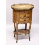 A GOOD 19TH CENTURY FRENCH OVAL THREE DRAWER COMMODE, with brass grill and marquetry inlay on curing