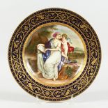 A GOOD VIENNA CIRCULAR PLATE,blue and gilt border, the centre painted with a classical scene,