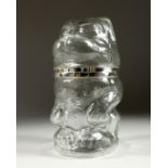 A PUG DOG GLASS BISCUIT JAR AND COVER 10ins high.