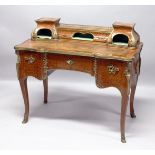 A GOOD LOUIS XVI STYLE KINGWOOD AND PARQUETRY INLAID WRITING DESK, the top with brass grilll, two