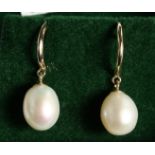 A PAIR OF 9CT. GOLD FRESH WATER PEARL EAR RINGS.