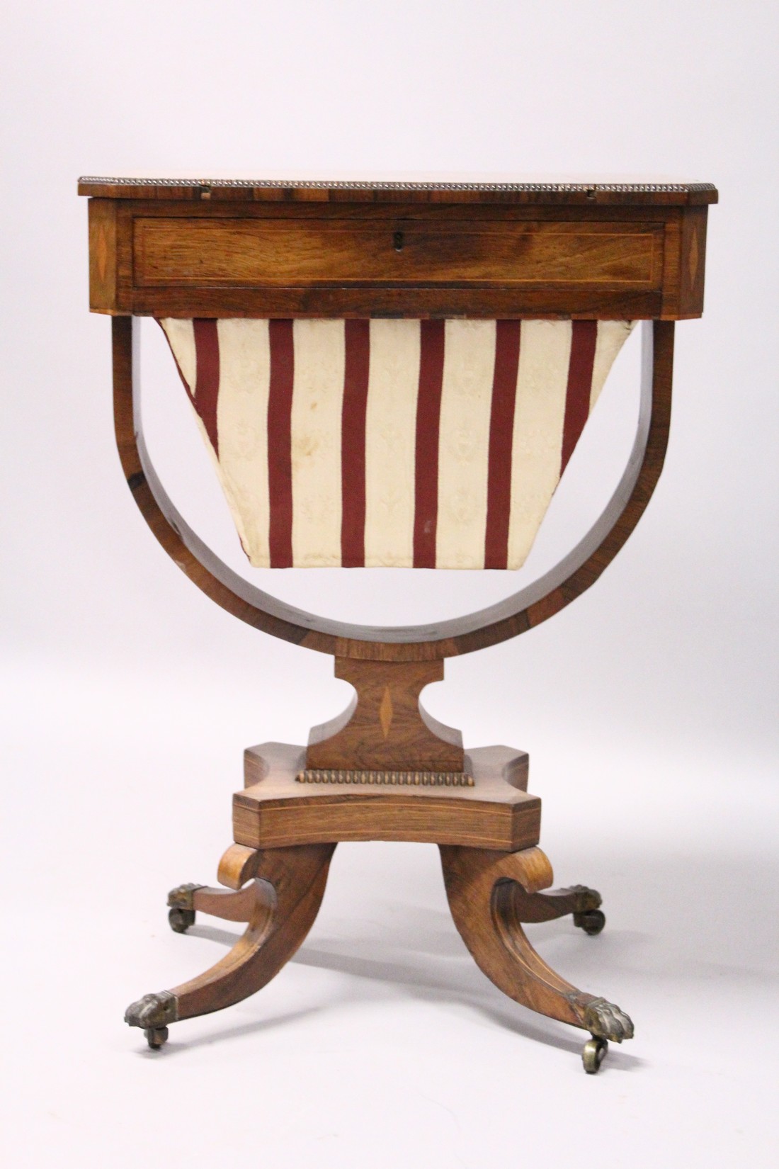 A REGENCY ROSEWOOD SEWING TABLE, with reversible Backgammon top , sliding drawer and sewing bag on - Image 2 of 9