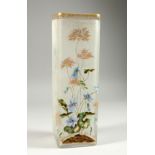 A FRENCH OPAQUE SQUARE SHAPED GLASS VASE painted with flowers. 11.75ins high.