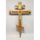 A LARGE 18th / 19th CENTURY RUSSIAN ORTHODOX PAINTED WOODEN DOUBLE SIDED THREE BAR CROSS. 5ft 5ins