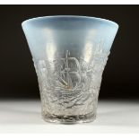 A BAROLAC DECO OPALESCENT RELIEF MOULDED GLASS ARMDON VASE signature in relief 8ins high.