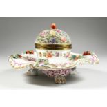 A GOOD 19TH CENTURY CONTINENTAL PORCELAIN CIRCULAR INKSTAND with pierced floral top, painted with